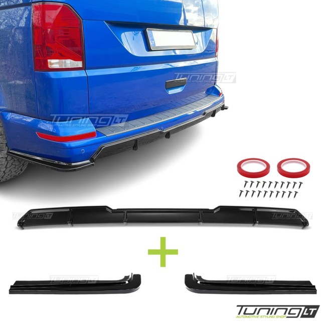 Galinio Bamperio Difuzorius + Spliteriai, komplektas skirtas VW T6 / T6.1 su vientisu bagažinės dangčiu, juodas blizgus