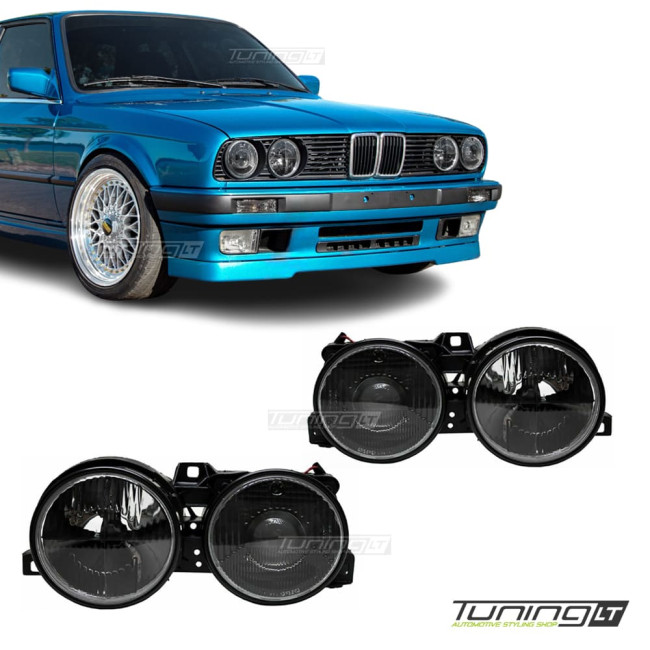 Priekiniai lęšiniai Žibintai su kryžiais, komplektas skirtas BMW E30 (82-94), tamsinti Priekiniai lęšiniai Žibintai su kryžiais, komplektas skirtas BMW E30 (82-94), tamsinti