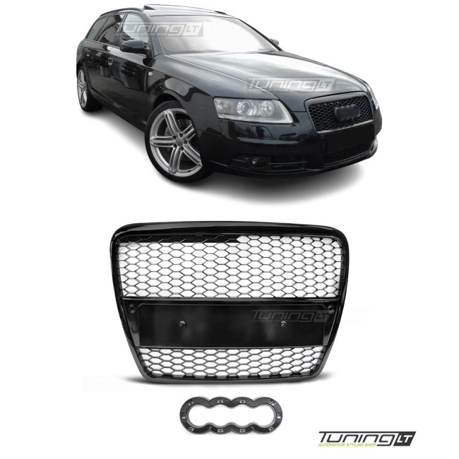 RS-style front grille for Audi A6 C6 (04-11), glossy black