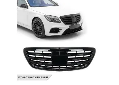 S65 išvaizdos Priekinės Grotelės skirtos Mercedes-Benz W222 (13-20) be Night View Assist, juodos blizgios