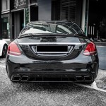 C63 išvaizdos Galinio bamperio Difuzorius + Antgaliai, komplektas skirtas Mercedes W205 / S205 (14-21) AMG-line, juodas blizgus