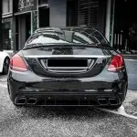 C63 išvaizdos Galinio bamperio Difuzorius + Antgaliai, komplektas skirtas Mercedes W205 / S205 (14-21) AMG-line, juodas blizgus