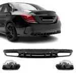 C63 išvaizdos Galinio bamperio Difuzorius + Antgaliai, komplektas skirtas Mercedes W205 / S205 (14-21) AMG-line, juodas blizgus