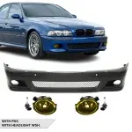 Priekinis M bamperis skirtas BMW E39, su PDC ir žibintų apiplovimų angomis, su geltonais priešrūkiniais