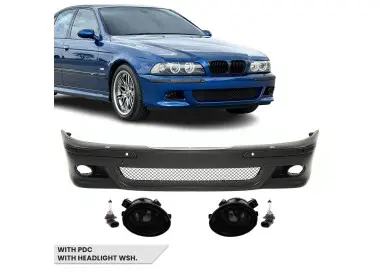 Priekinis M bamperis skirtas BMW E39, su PDC ir žibintų apiplovimų angomis, su tamsintais priešrūkiniais