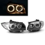 Priekiniai žibintai su geltonais angel eyes DEPO V1, komplektas skirtas BMW E81 / E82 / E87 / E88