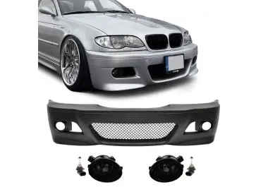 M3 išvaizdos Priekinis Bamperis, skirtas BMW E46 sedan / touring / coupe (98-05), su tamsintais priešrūkiniais