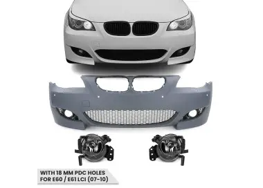 M look Priekinis Bamperis skirtas BMW E60 / E61 LCI (07-10) su 18 mm PDC angomis, su skaidriais priešrūkiniais