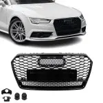 RS išvaizdos Priekinės Grotelės skirtos Audi A7 / S7 C7.5 (14-18) facelift, juodos blizgios