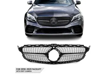 Diamond Priekinės Grotelės, skirtos Mercedes-Benz W205 / S205 / C205 (18-21) facelift, su kamera, juodos + chromuotos