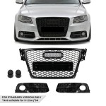 RS-style Front Central + Fog Light Grille set for Audi A4 B8 (08-12) standard version, glossy black