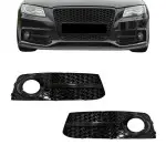 RS-style Fog Light Grille, Covers for Audi A4 B8 (08-12) with standard bumper, glossy black