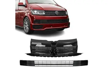 Priekinės Grotelės + Apatinės Grotelės, komplektas skirtas VW T6 (15-19), be PDC, be distroniko, juodos blizgios