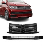 Priekinės Grotelės + Apatinės Grotelės, komplektas skirtas VW T6 (15-19), be PDC, be distroniko, juodos blizgios