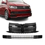 Priekinės Grotelės + Apatinės Grotelės, komplektas skirtas VW T6 (15-19), be PDC, be distroniko, juodos blizgios
