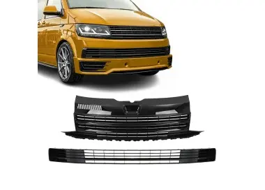 Priekinės Grotelės be ženkliuko + Apatinės Grotelės, komplektas skirtas VW T6 (15-19), be PDC, be distroniko, juodos blizgios