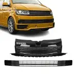 Priekinės Grotelės be ženkliuko + Apatinės Grotelės, komplektas skirtas VW T6 (15-19), be PDC, be distroniko, juodos blizgios
