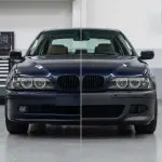 Priekinis M bamperis skirtas BMW E39, su PDC ir žibintų apiplovimų angomis, su tamsintais priešrūkiniais