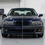 Priekinis M bamperis skirtas BMW E39, su PDC ir žibintų apiplovimų angomis, su geltonais priešrūkiniais