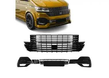 Priekinės Grotelės be ženkliuko + Apatinės Grotelės, komplektas skirtas VW T6.1 (19-24), juodos blizgios