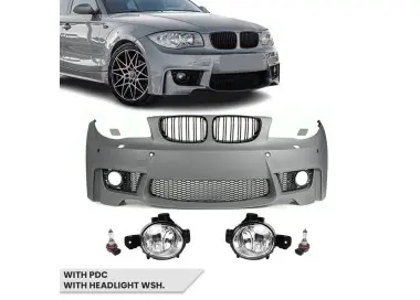 1M išvaizdos Priekinis Bamperis skirtas BMW E81 / E82 / E87 / E88, su PDC ir apiplovimų angomis, su priešrūkiniais