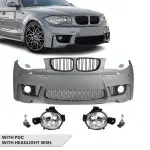 1M išvaizdos Priekinis Bamperis skirtas BMW E81 / E82 / E87 / E88, su PDC ir apiplovimų angomis, su priešrūkiniais