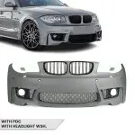 1M išvaizdos Priekinis Bamperis skirtas BMW E81 / E82 / E87 / E88, su PDC ir apiplovimų angomis