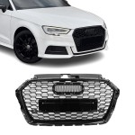 RS išvaizdos Priekinės Grotelės skirtos Audi A3 / S3 8V facelift (16-19) be distroniko, juodos blizgios