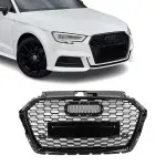 RS išvaizdos Priekinės Grotelės skirtos Audi A3 / S3 8V facelift (16-20) be distroniko, juodos blizgios