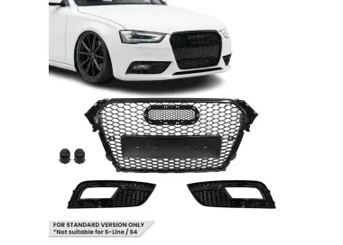 RS išvaizdos Priekinės + Priešrūkinių Grotelės skirtos Audi A4 B8.5 (12-15) standartinei versijai, juodos blizgios