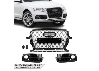 RS išvaizdos Priekinės + Priešrūkinių Grotelės skirtos Audi Q5 8R facelift (12-17) standartinei versijai, juodos blizgios