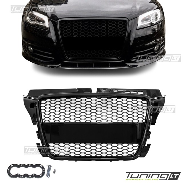 RS išvaizdos priekinės grotelės skirtos Audi A3 / S3 8P facelift (08-12), juodos blizgios RS išvaizdos priekinės grotelės skirtos Audi A3 / S3 8P facelift (08-12), juodos blizgios