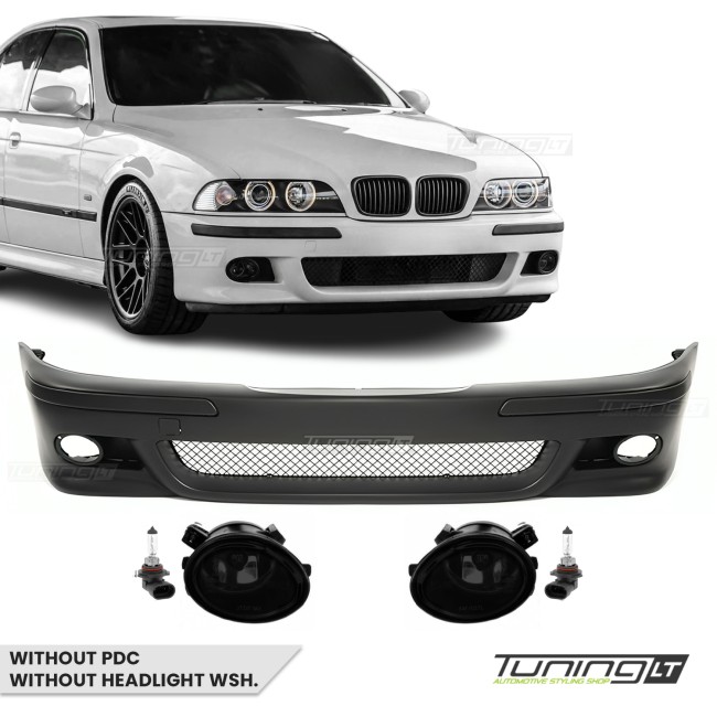Priekinis M Bamperis skirtas BMW E39, be PDC, be apiplovimų angų, su tamsintais priešrūkiniais Priekinis M Bamperis skirtas BMW E39, be PDC, be apiplovimų angų, su tamsintais priešrūkiniais