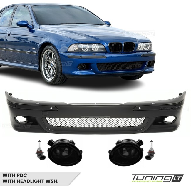 Priekinis M bamperis skirtas BMW E39, su PDC ir žibintų apiplovimų angomis, su tamsintais priešrūkiniais Priekinis M bamperis skirtas BMW E39, su PDC ir žibintų apiplovimų angomis, su tamsintais priešrūkiniais