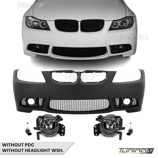 M3 išvaizdos Priekinis Bamperis skirtas BMW E90 / E91 (05-08), be PDC, be apiplovimų angų, su skaidriais priešrūkiniais M3 išvaizdos Priekinis Bamperis skirtas BMW E90 / E91 (05-08), be PDC, be apiplovimų angų, su skaidriais priešrūkiniais