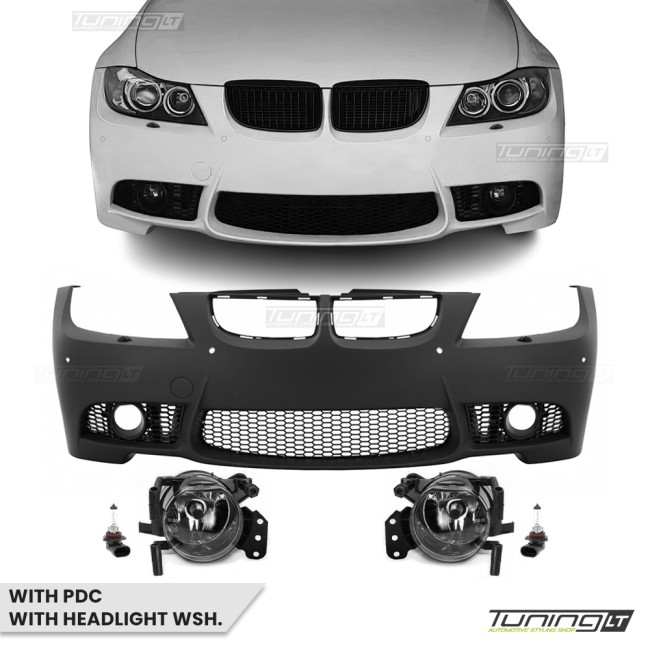 M3 išvaizdos Priekinis Bamperis skirtas BMW E90 / E91 (05-08), su PDC angomis ir apiplovimais, su skaidriais priešrūkiniais M3 išvaizdos Priekinis Bamperis skirtas BMW E90 / E91 (05-08), su PDC angomis ir apiplovimais, su skaidriais priešrūkiniais