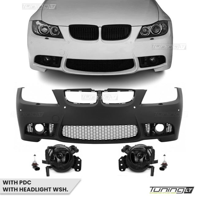 M3 išvaizdos Priekinis Bamperis skirtas BMW E90 / E91 (05-08), su PDC angomis ir apiplovimais, su tamsintais priešrūkiniais M3 išvaizdos Priekinis Bamperis skirtas BMW E90 / E91 (05-08), su PDC angomis ir apiplovimais, su tamsintais priešrūkiniais