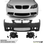 M3 išvaizdos Priekinis Bamperis skirtas BMW E90 / E91 (05-08), su PDC angomis ir apiplovimais, su tamsintais priešrūkiniais